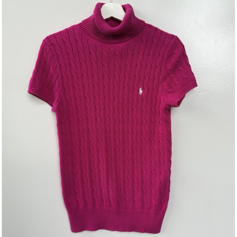 Ralph Lauren Sport Women Pink Cable Knit Short Sleeve Turtleneck Sweater Size L